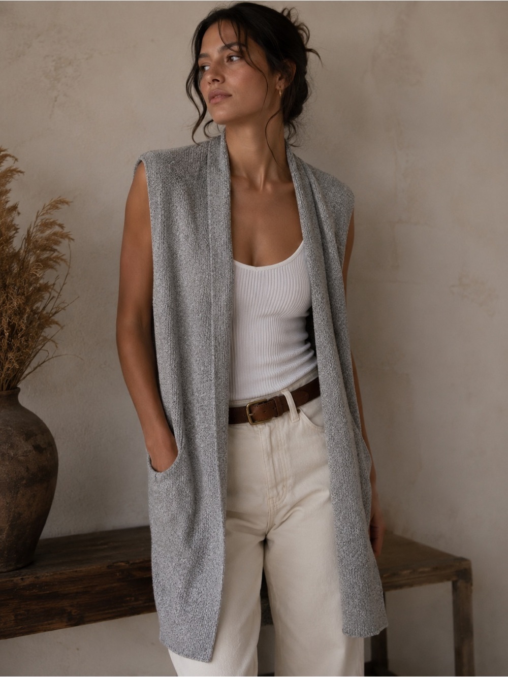 Wilfred Grey Marled Sleeveless Open Cardigan Long Knit Minimalist Duster Small